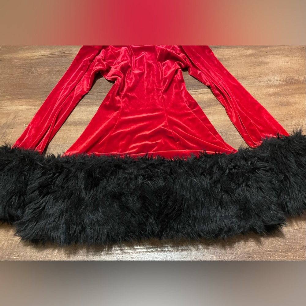 J Valentine Hooded red velour Black Santa Costume sexy Mini Dress size S Medium - Picture 3 of 7